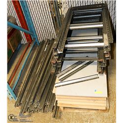 METAL SHELVING WITH WOODEN SHELVES.