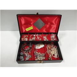 LARGE BLACK VINTAGE JEWELLERY BOX OF VINTAGE MIX