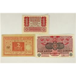 3 ASSORTED BILLS 1916 AUSTRIAN 1 KRONE, 1920