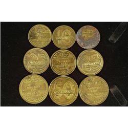 9 ASSORTED BRASS TOKENS THE DESERT INN DRINK