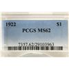 Image 3 : 1922 PEACE SILVER DOLLAR PCGS MS62