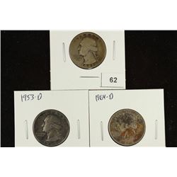 1942-D, 1953-D & 1964-D WASHINGTON SILVER QUARTERS