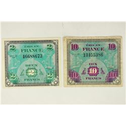 1944 2 FRANCS & 1944 10 FRANCS FRANCE MILITARY
