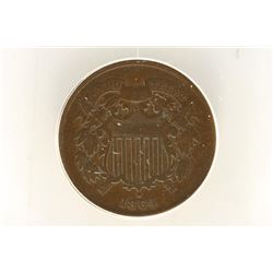 1864 LARGE MOTTO US TWO CENT PIECE ANACS F12