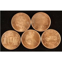 5 ASSORTED 1/2 OZ. .999 COPPER ROUNDS BY THE