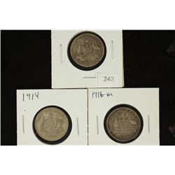 1911, 1914 & 1916-M AUSTRALIA SILVER SHILLINGS