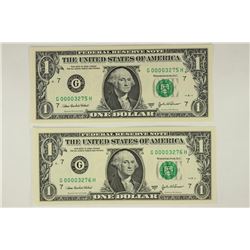 2-2003-A $1 FRN'S LOW CONSECUTIVE SERIAL 'S UNC