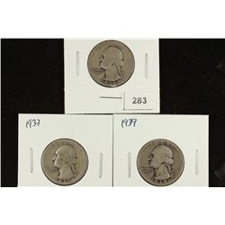 1936, 1937 & 1939 WASHINGTON SILVER QUARTERS