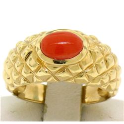 14k Yellow Gold Oval Cabochon Bezel Set Coral Domed Quilted Texture Ring