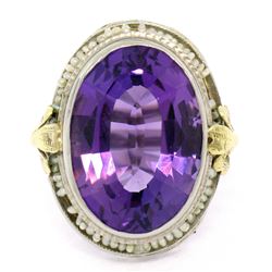 Antique Art Deco 10K Two Tone 9.15 ctw Amethyst Seed Pearl Filigree Cocktail Rin
