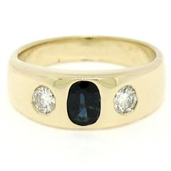 14K Yellow Gold 1.03 ctw Sapphire G VVS Diamond 3 Stone Unisex Burnish Band Ring