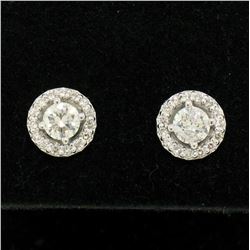 NEW 14k White Gold 1.06 ctw Round Brilliant Diamond Stud Earrings w/ Pave Halos