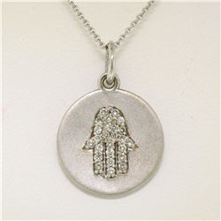 14K White Gold 0.18 ctw Diamond Hand of Fatima Hamsa Hand Disk Pendant w/16" Cha
