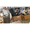 Image 1 : 2 BOXES VINTAGE TOOLS, CAR PARTS, CORONA COOLER BAG, PET CAGE, GALVANIZED CAN, VINTAGE BC LICENSE PL