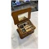 Image 3 : BRASS BOUND AND JADE JEWELLERY BOX W/ CONTENTS AND WOODEN JEWELLERY BOX W/ CONTENTS