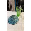 Image 1 : GREEN GLASS PITCHER AND LEADED GLASS SHADE