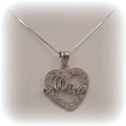 SOLID 14K WHITE GOLD "MOM" HEART PENDANT NECKLACE 16"