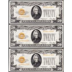 3 Consecutive 1928 $20 Gold Certificate Notes