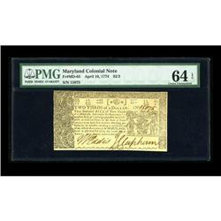 Maryland April 10, 1774 $2/3 PMG Choice Uncirculated 64
