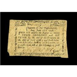 Massachusetts June 18, 1776 3s/6d Very Fine-Extremely F