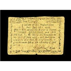 Massachusetts June 18, 1776 3s/6d Fine. This is a nice