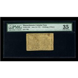 Massachusetts June 18, 1776 4s/6d PMG Choice Very Fine