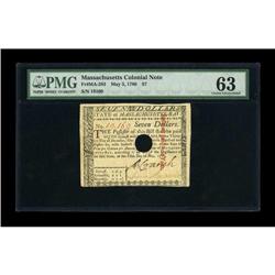 Massachusetts May 5, 1780 $7 PMG Choice Uncirculated 63