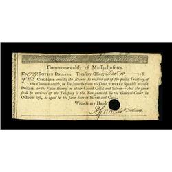 Massachusetts 1781 $16 Extremely Fine. Only 5 Reported