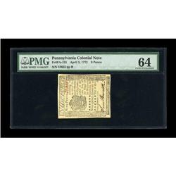 Pennsylvania April 3, 1772 9d PMG Choice Uncirculated 6