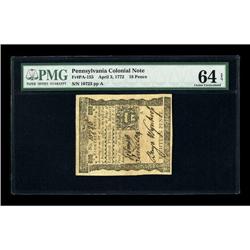 Pennsylvania April 3, 1772 18d PMG Choice Uncirculated