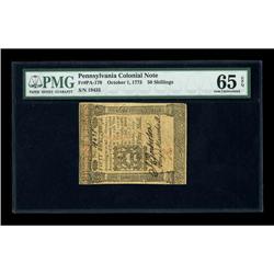 Pennsylvania October 1, 1773 50s PMG Gem Unc 65 EPQ