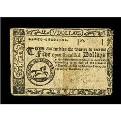 South Carolina December 23, 1776 $5 Extremely Fine. The