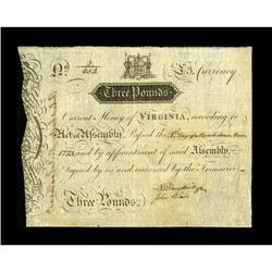 Virginia March 4, 1773 $3 Extremely Fine-About New. We