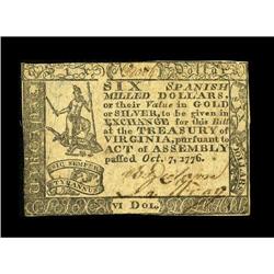 Virginia October 7, 1776 $6 Choice Very Fine. Closely m