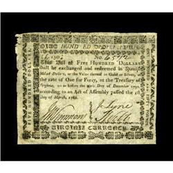Virginia March 1, 1781 $500 Very Fine-Extremely Fine. T