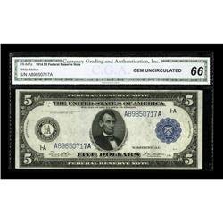 Fr. 847a $5 1914 Federal Reserve Note CGA Gem Uncircula
