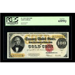Fr. 1215 $100 1922 Gold Certificate PCGS Gem New 65PPQ.
