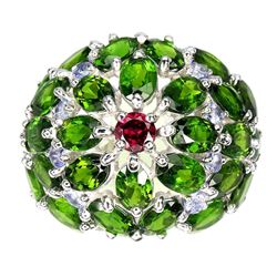 Natural Chrome Diopside, Tanzanite & Rhodolite Ring