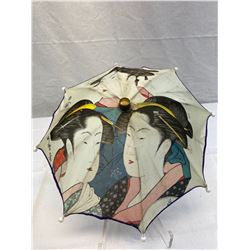 Beautiful Vintage Japanese Small Umbrella With Hand Painted Geishas On Silk Signed, 11"L x 15"