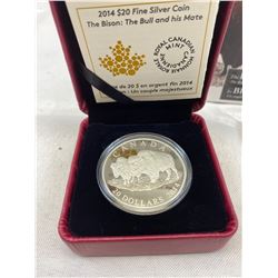 2014 Royal Canadian Mint $20 Fine Silver Coin, The Bison The Bull And His Mate In Original Box With 