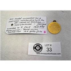 1915 10k Gold Medal Awarded For Continuous Membership Order Of Railroad/Telegraphers, 6.8g