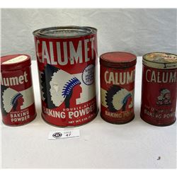 4 Vintage Calumet Baking Powder Tins, 1 Large, 3 Small, All Different, Amazing Graphics