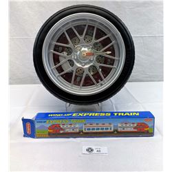14" Car Tire Wall Clock, Working And 12.5" Wind-Up Schilling Express Train, New In Open Box