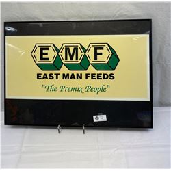 EMT East Man Feeds "The Premix People" Sign, 12"x27", Nice Shape