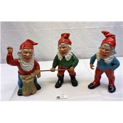 3 Garden Gnomes, Nicely Detailed Paint On Red Clay