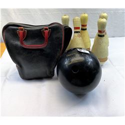 Vintage Bowling Bag, Bakelite (?)Handles Plus Ball And Pins