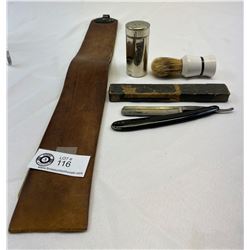 Vintage Engalswent Pilatus Stahl Straight Razor, Lewis Stender Strop, Brush And Chrome Stick Holder