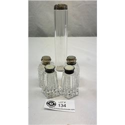 Antique Crystal Salt And Pepper Set And English Dresser Vial All With Sterling Lids