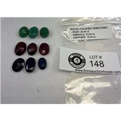 Rough Polished Gemstones, Ruby: 28,45 CT, Emerald: 23.4 CT, Sapphire: 18.35 CT