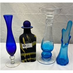 Box Of Vintage Blue Glass, 3 Vases, 1 Decanter